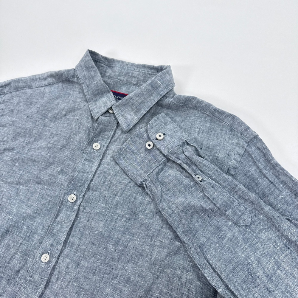 UNTUCKit Mens Shirt Large Grey Blue Linen Long Sleeve Casual Minimalist Summer